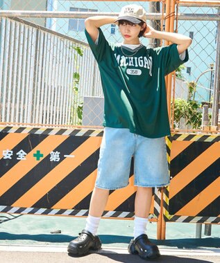 WEGO 【ユニセックス着用ITEM/2点セットネックレス付き/MLサイズ展開】アクセ付きラインリブメッシュプルオーバー ダークグリーン