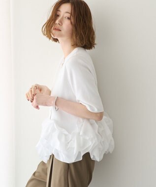 YECCA VECCA パール釦ラッフル5分袖カーディガン