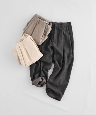 muuc 〈軽やかな尾州産リネンウール〉スラックスパンツ  　ロングシーズン 秋冬春 後ろウエストゴム有り ゆったりシルエット セットアップ可能  裏地有り ブラック