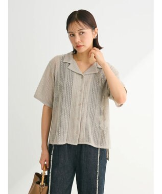 Green Parks レース開襟ブラウス Gray Beige