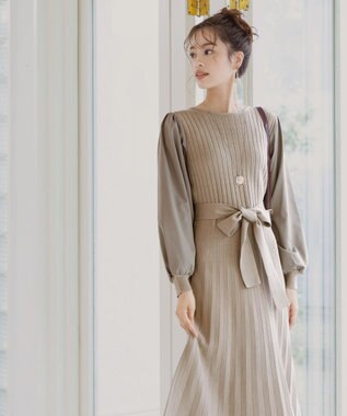 Tiaclasse 【洗える】パフ袖ニットコンビワンピース グレージュ