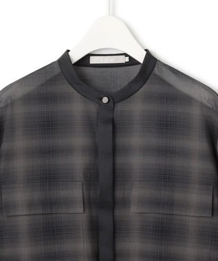 ICB 【洗える】シアーボイル バンドカラーシャツ オンブレーチェック