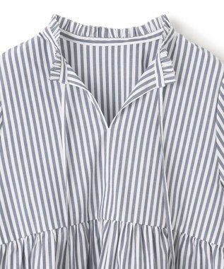 UNFILO コットンブロード フリルネックシャツ ネイビーストライプ
