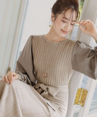 Tiaclasse 【洗える】パフ袖ニットコンビワンピース グレージュ