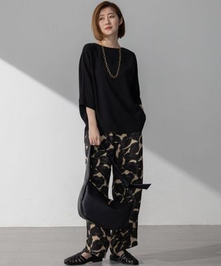 23区 L 【洗える】Ratti フラワーアートプリント ワイド パンツ ブラック×ベージュ