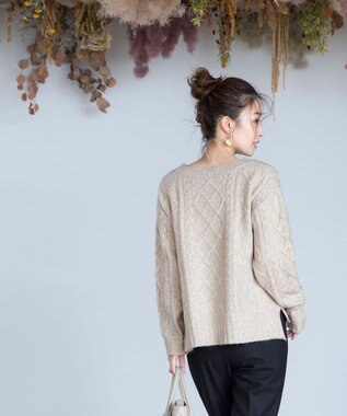 Tiaclasse L 【洗える】アラン柄キーネックニットトップス ベージュ