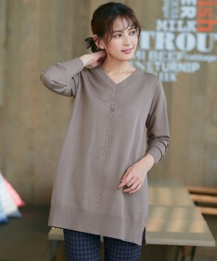 Tiaclasse 【安田美沙子さん着用・選べる2type・洗える】もちニットチュニック Vネック：モカ