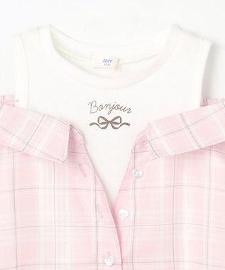 ANY KIDS 肩あきドッキング チェックシャツ ピンク