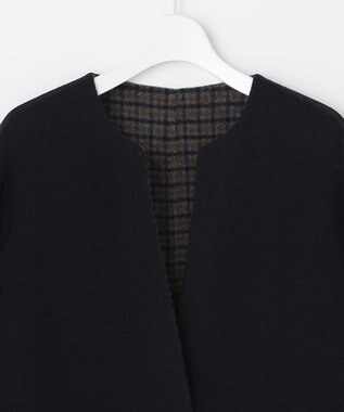 J.PRESS LADIES S 【リバーシブル】ウールナイロン リバーチェック ノーカラー ロングコート ネイビー系