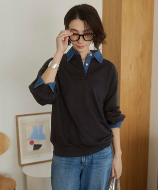 WEGO 【ANGIE VINTAGE】デニム襟スウェット ブラック中濃色