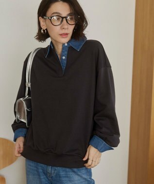 WEGO 【ANGIE VINTAGE】デニム襟スウェット ブラック中濃色