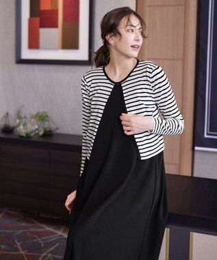 Tiaclasse 【洗える】長袖サマーニットカーディガン ボーダー(オフネイビー)