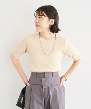 Green Parks 袖レイヤー５分袖ニットプルオーバー Ivory