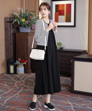 Tiaclasse L 【洗える】長袖サマーニットカーディガン ボーダー(オフネイビー)