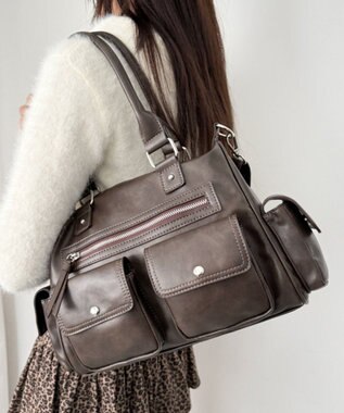 WEGO ポケットデザインボストンショルダー ブラウン