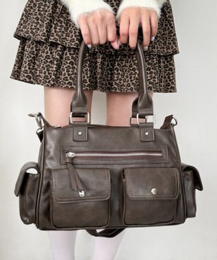 WEGO ポケットデザインボストンショルダー ブラウン