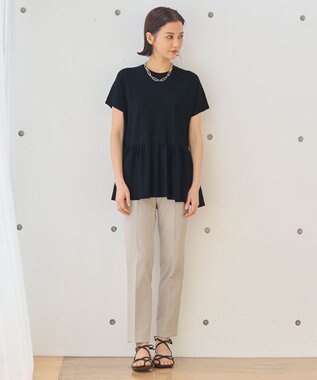 自由区 【XSサイズ～/洗える】クレープストレッチペプラム ニット ネイビー系