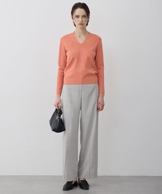 ICB L シンセティックフルニードル Vネックニット ライトコーラル×トープライン