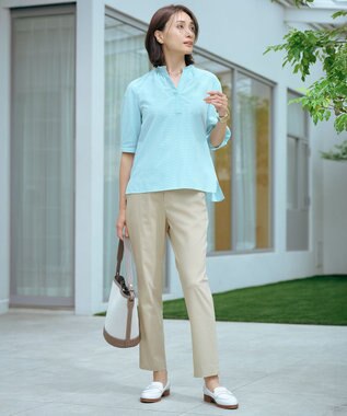 J.PRESS LADIES S 【洗える】SHEER ギンガム スキッパー ブラウス オフ×アクアグリーン系