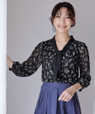 Tiaclasse 【洗える】花柄配色ボウタイブラウス ブラック×ブラック