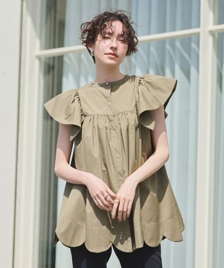 #Newans 【イージーケア】スカラップヘムチュニックブラウス カーキ系