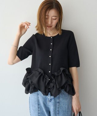 YECCA VECCA パール釦ラッフル5分袖カーディガン