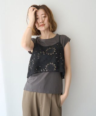 YECCA VECCA 【2点SET】刺繍メッシュキャミセットコットンTee Black