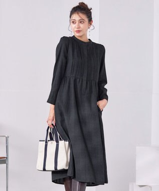 Tiaclasse 【洗える】バンドカラーチェック柄シャツワンピース チャコールグレー