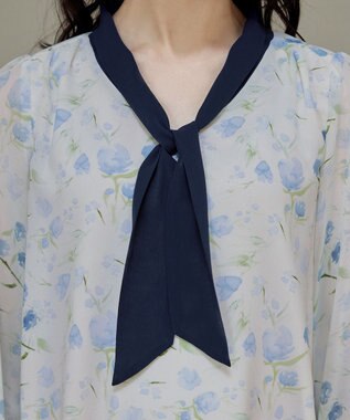 Tiaclasse 【洗える】花柄配色ボウタイブラウス ブルー×ネイビー