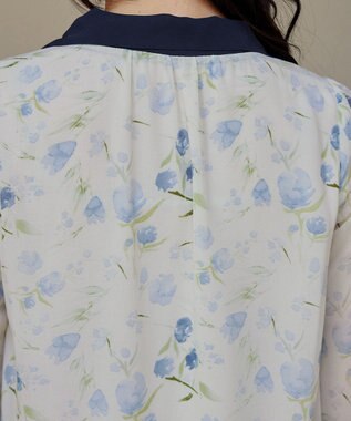 Tiaclasse 【洗える】花柄配色ボウタイブラウス ブルー×ネイビー