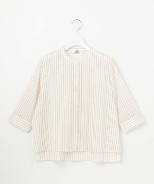 J.PRESS LADIES 【洗える】シアーピンストライプ ブラウスライク カットソー オフ×ダークブラウン系