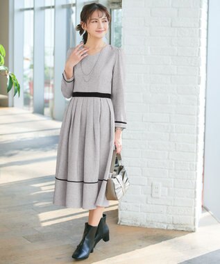 Tiaclasse 【洗える】配色パイピングフレアワンピース オフホワイトブラック