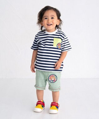 MIKI HOUSE HOT BISCUITS 【80-120cm】 ポケット付き 先染め ボーダー柄 半袖Tシャツ 紺