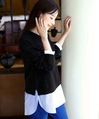 Tiaclasse 【安田美沙子さん着用・選べる裾】 レイヤードヘムカットソーTシャツ オフ×ブルーストライプ裾シャツ