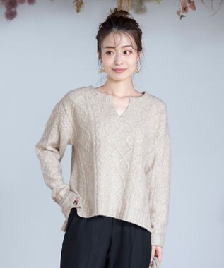 Tiaclasse 【洗える】アラン柄キーネックニットトップス ベージュ