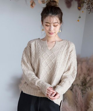 Tiaclasse 【洗える】アラン柄キーネックニットトップス ベージュ