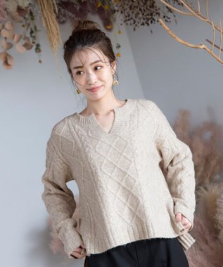 Tiaclasse 【洗える】アラン柄キーネックニットトップス ベージュ