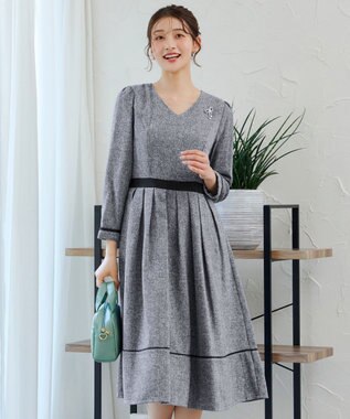 Tiaclasse 【洗える】配色パイピングフレアワンピース グレー