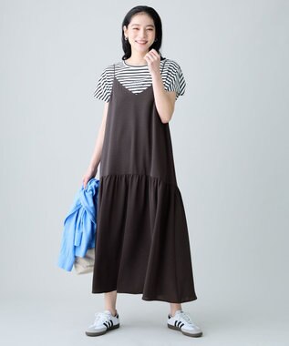 ANY ANYファンクションワイドフレンチスリーブTシャツ オフ×ブラックボーダー