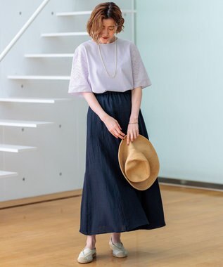 23区 L 【洗える】LIBECOリネン フレアスカート ネイビー系