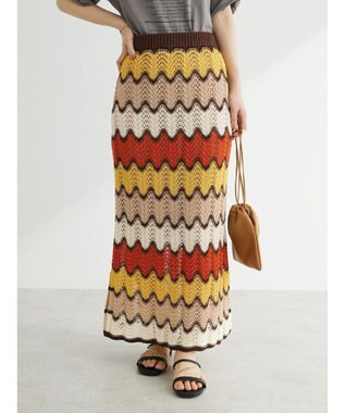 Green Parks 透かし編みマルチボーダースカート Red