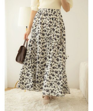 earth music&ecology ドロストギャザーフレアスカート Flower Navy