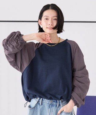 AMERICAN HOLIC 異素材ギャザースリーブミニ裏毛プルオーバ Navy