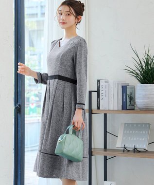 Tiaclasse 【洗える】配色パイピングフレアワンピース グレー