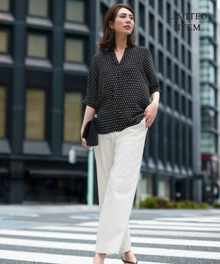 ICB 【人気のため新色追加・WEB限定・接触冷感・UVケア・速乾・洗える】BackSatinAmunzen 5分袖キーネックブラウス ブラックドット系