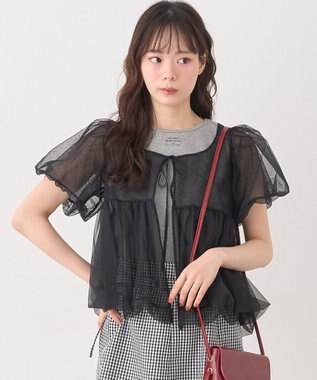 earth music&ecology ＳＥＴ２点チュールバルーンブラウス＋ロゴタンク