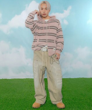 WEGO 【ユニセックス着用ITEM】シャギーボーダーニットパーカー ピンク