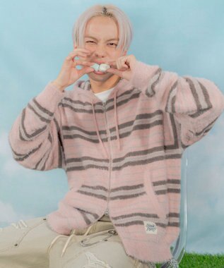 WEGO 【ユニセックス着用ITEM】シャギーボーダーニットパーカー ピンク
