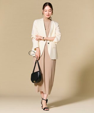 BEIGE， 【L-size】CAROLE / リネンライクノーカラーハーフ丈ジャケット Ecru