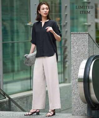 ICB 【人気のため新色追加・WEB限定・接触冷感・UVケア・速乾・洗える】BackSatinAmunzen 5分袖キーネックブラウス ブラック×トープ系